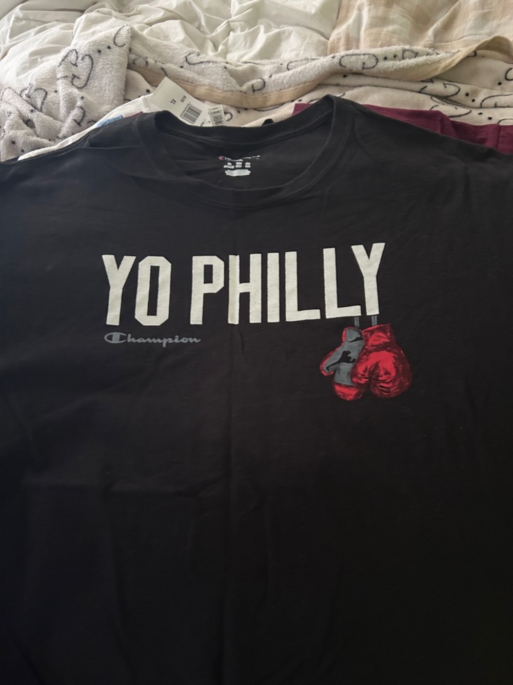 Champion Black Tee with White 'YO PHILLY' Text and Red Boxing Gloves